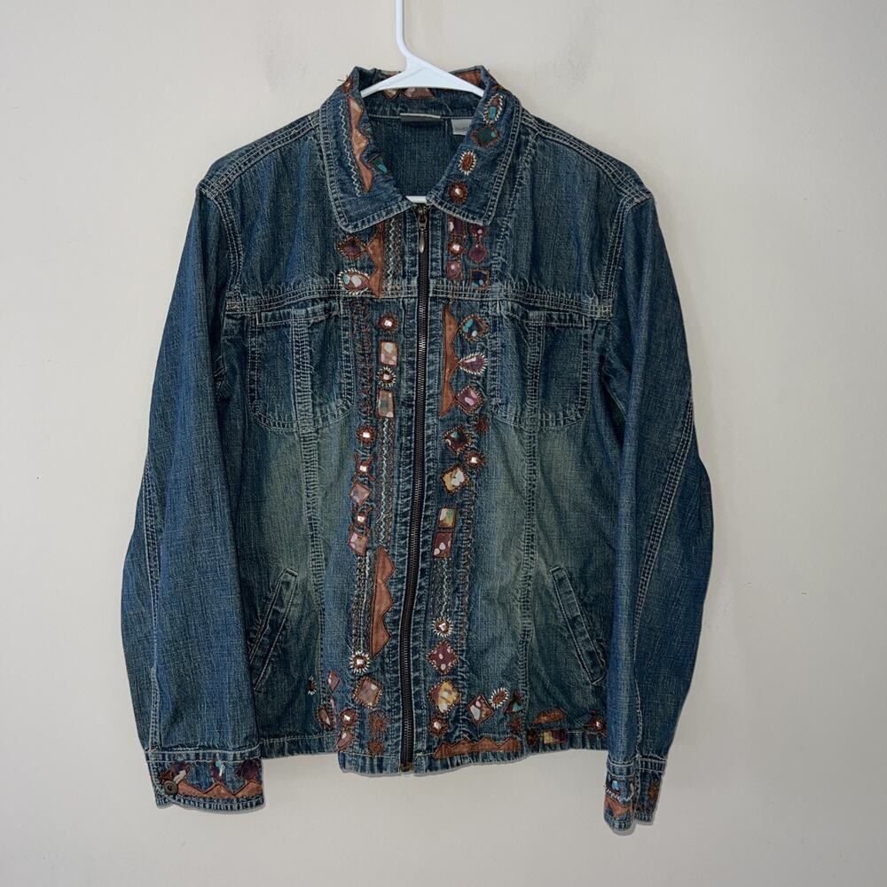 Chicos Denim Floral Embroidered Jean Jacket Aztec Western Women Size 1 Medium